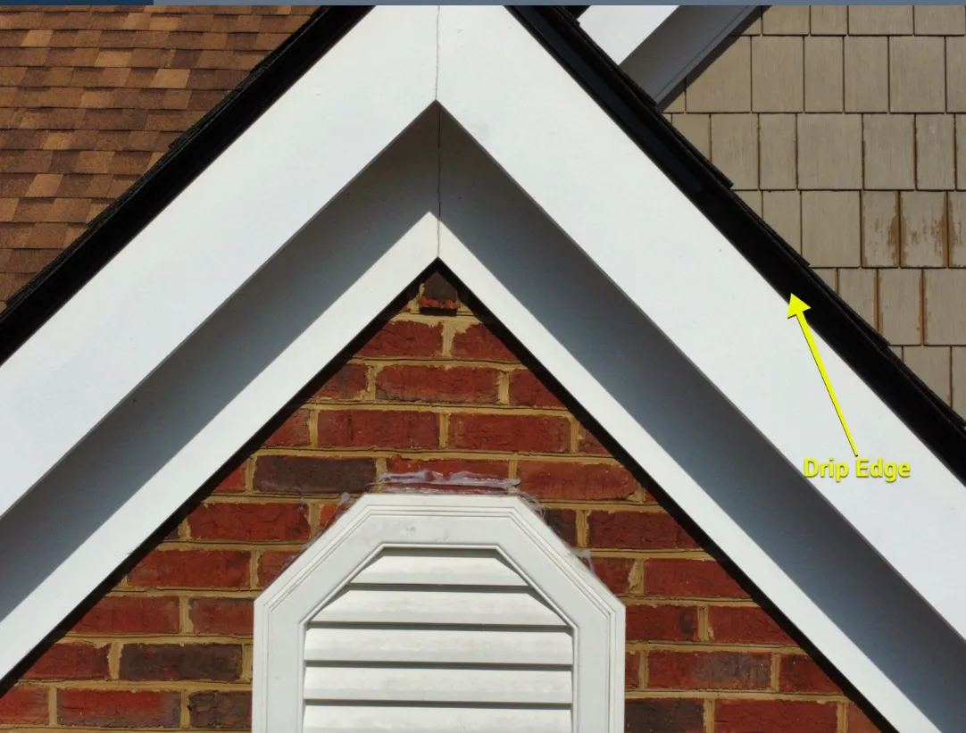 Yellow arrow identifying drip edge along a roof gable.