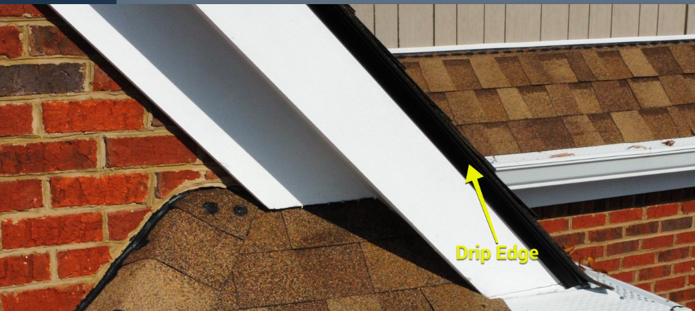 Yellow arrow identifying drip edge beneath the roof rake.