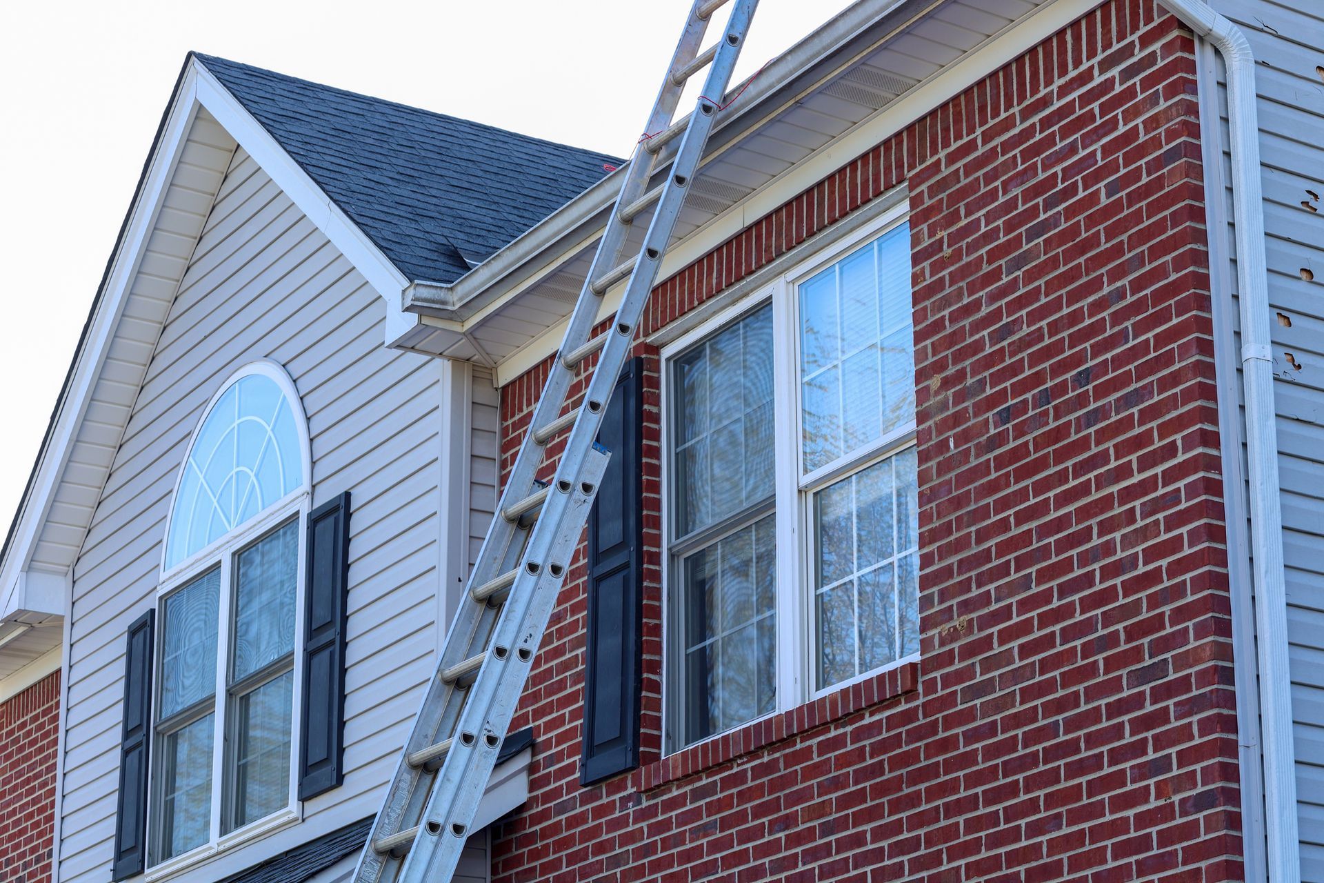 Extension ladder leaning against a brick home beside a shingle roof.