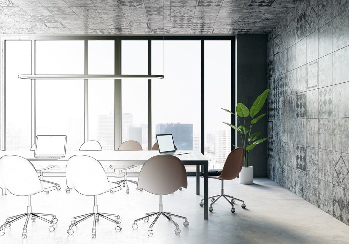 Sketch of luxury tile conference room interior with furniture, panoramic glass window with city view. Law and legal, designer blueprint, workplace presentation concept. 3D Rendering