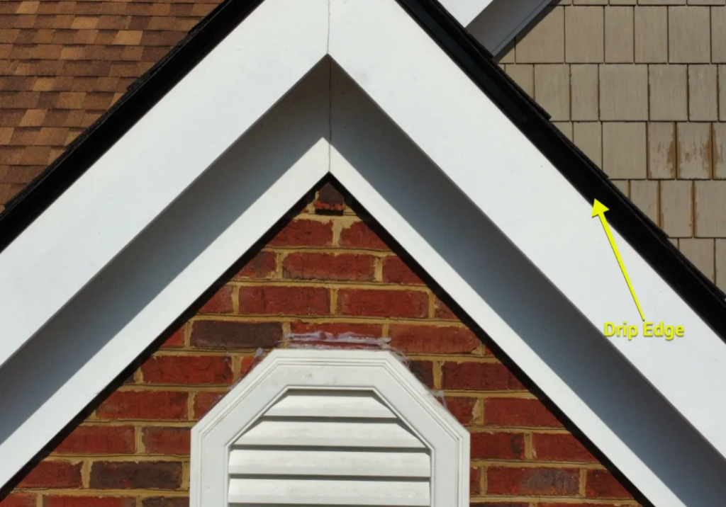 Yellow arrow identifying drip edge along a roof gable.