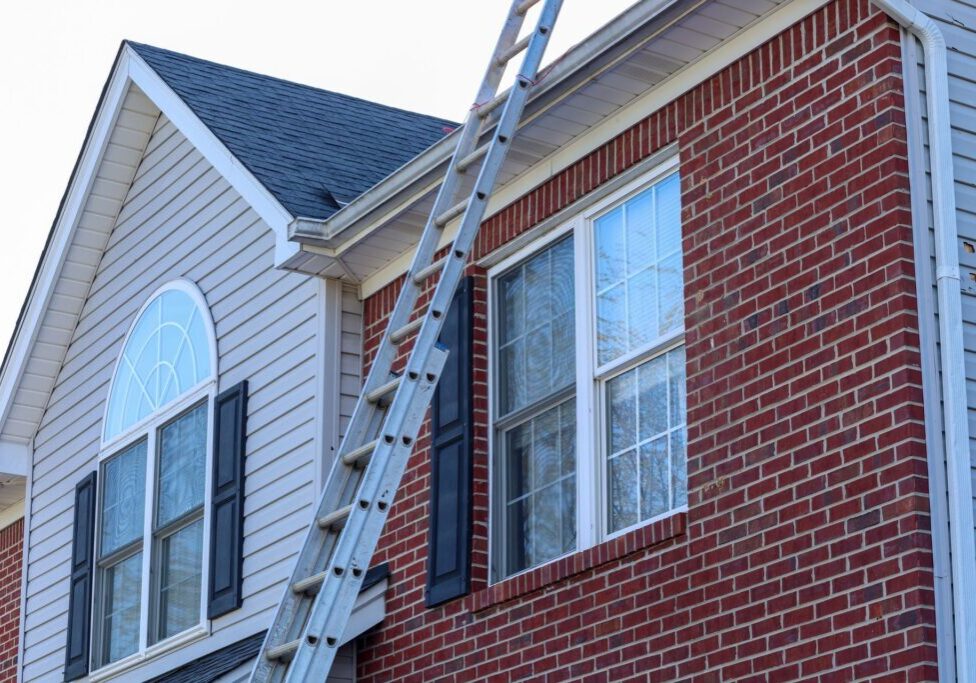 Extension ladder leaning against a brick home beside a shingle roof.